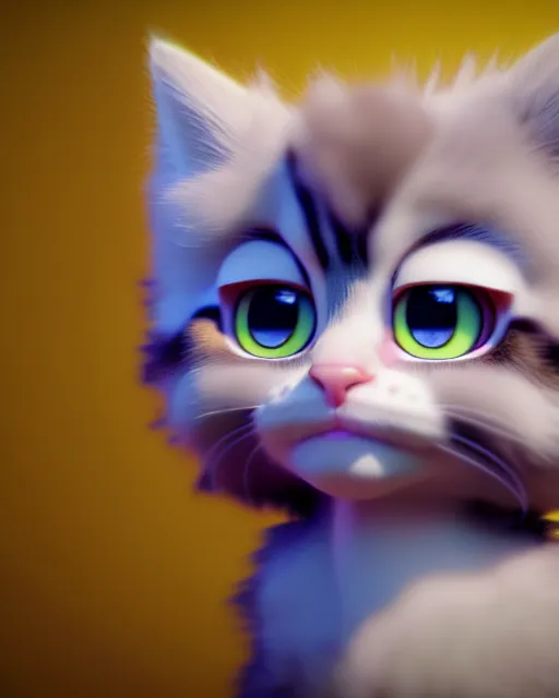 Image similar to cute fluffy kitten with big eyes, portrait, pixar character, octane render, very detailed