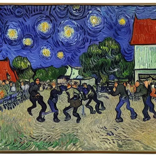 Image similar to people fighting at real estate auction, painting by van gogh