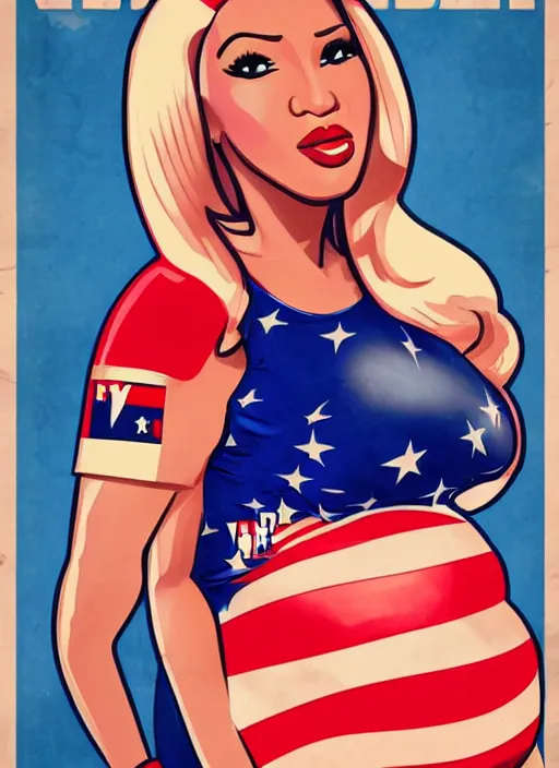 Image similar to pregnant nicki minaj in nazi uniform, president election usa propaganda poster, usa flags in the background, colored, artgerm, highly detailed