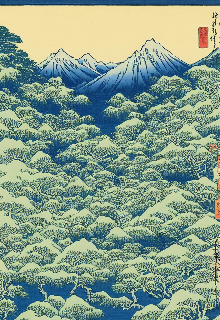 Image similar to Swiss alps valley in the summer, woodblock art by Hokusai
