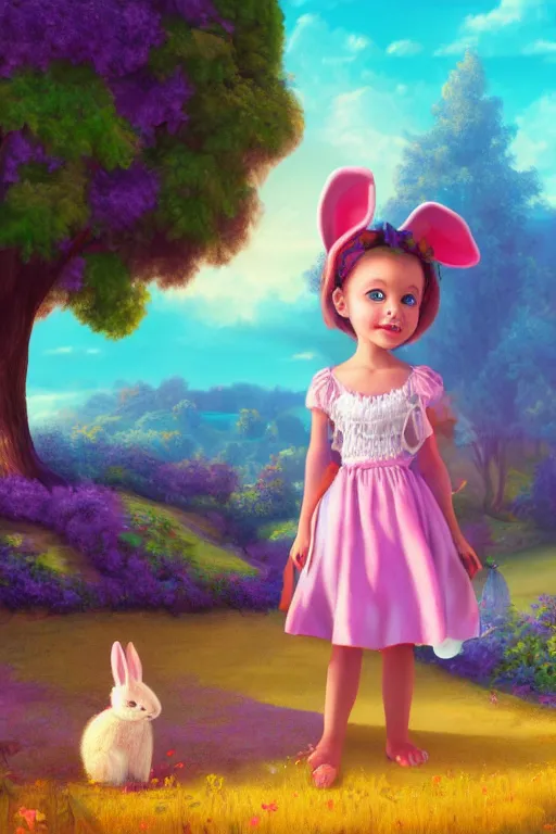 Image similar to matte sharp painting cute little girl and rabbit landscape painted by mark rydel artstation behance storybook lisa frank