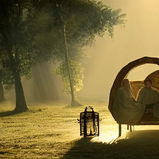 Image similar to a priest sleeping in a twisting wicker coffin, foggy, sun rays, cinematic shot, photo still from movie by denis villeneuve, wayne barlowe