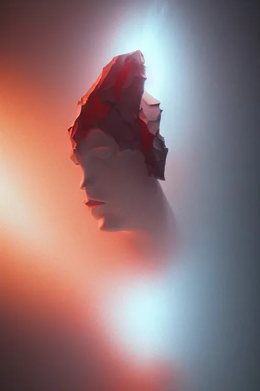 Image similar to realistic 8k Roberto Ferri Sculpture of random jagged reflective metal pieces forming the shape of a person silhouetted by a bright red sun, volumetric god rays, glinting metal, neon colors, cyberpunk, smooth, sharp focus, 24mm lens, DOF, hyper realistic, art by Greg Rutkowski and Ruan Jia and Giger