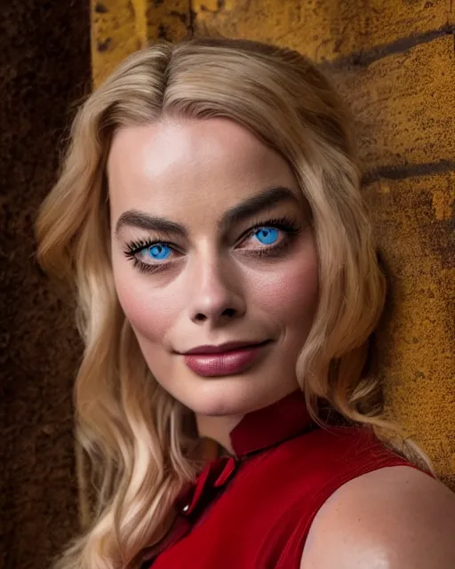 Image similar to A portrait of a margot robbie in a cosplay uniform, piercing eyes, highly detailed, bokeh, professional photograph, full body shot 4K, HD