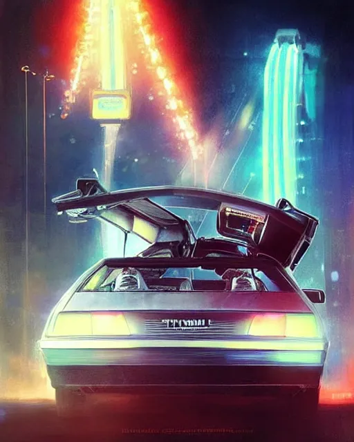 Prompt: donald trump and doc emmett brown in a flying delorean, neon lights, illustration, rim light, top light, perfectly shaded, spring time, slight overcast lighting, soft painting, art by krenz cushart and wenjun lin