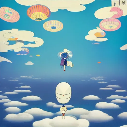 Image similar to a man walking on clouds above kyoto by takashi murakami, beeple and james jean, aya takano color style, 4 k, super detailed