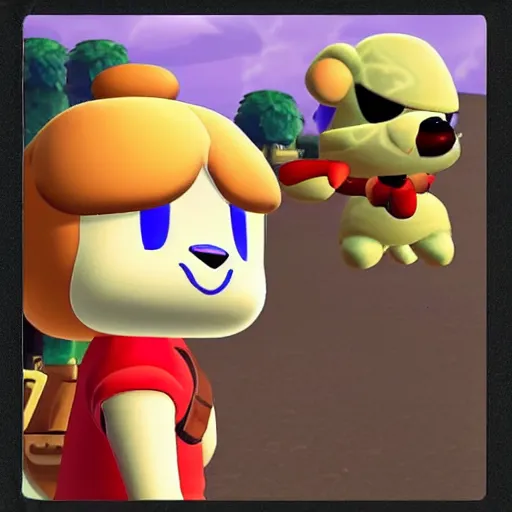 Prompt: doom guy and isabelle from animal crossing going on a date, polaroid photograph reel