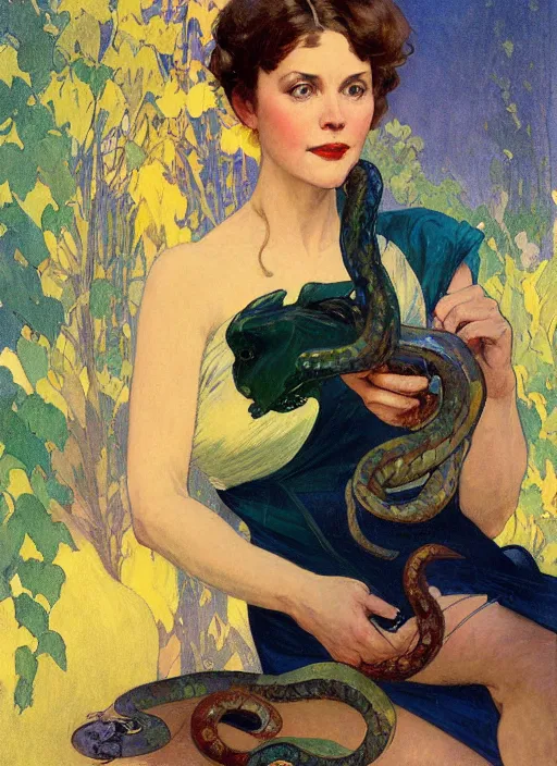 Prompt: an art nouveau copic maker portrait of a woman holding a snake in the night by john berkey by edward hopper, alphonse mucha, loish, norman rockwell