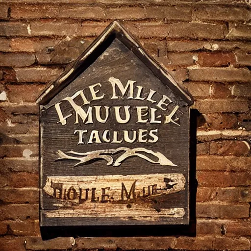 Prompt: An old English tavern sign with the words THE MULE, rustic, hyperdetailed, moody, wood