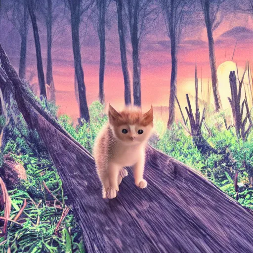 Image similar to a tall, muscular bat kitten walking in a forest, sunset, realistic, romantic, enchanting, dreamy, IMAX