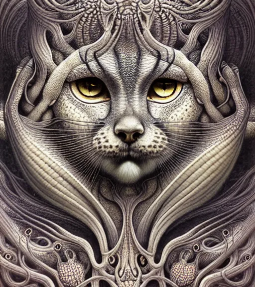 Image similar to detailed realistic beautiful manul goddess face portrait by jean delville, gustave dore, iris van herpen and marco mazzoni, art forms of nature by ernst haeckel, art nouveau, symbolist, visionary, gothic, neo - gothic, pre - raphaelite, fractal lace, intricate alien botanicals, ai biodiversity, surreality, hyperdetailed ultrasharp octane render