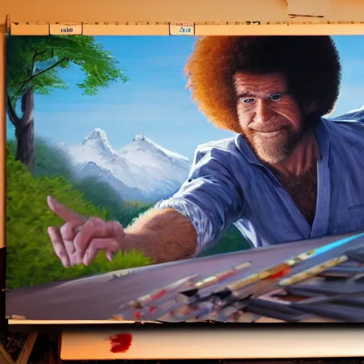 Image similar to a closeup photorealistic photograph of bob ross working on a canvas painting of spiderman. film still. brightly lit scene. mountains and trees. this 4 k hd image is trending on artstation, featured on behance, well - rendered, extra crisp, features intricate detail, epic composition and the style of unreal engine.