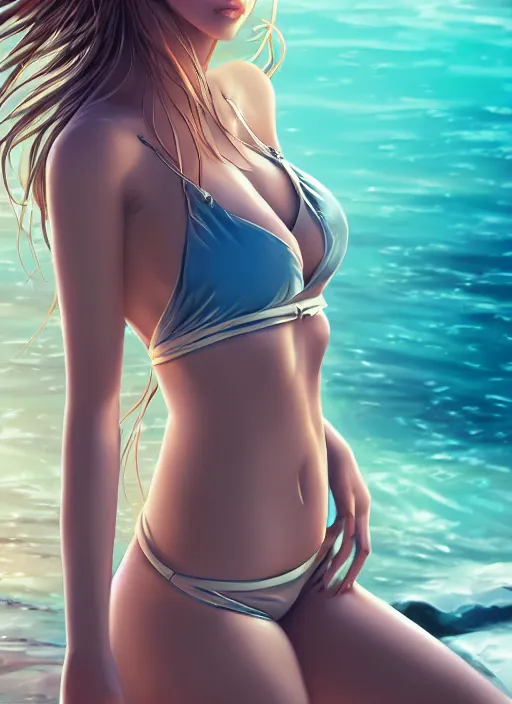 Prompt: very detailed full body portrait of alluring girl in bikini, manga, fantasy, beautiful, pretty face, curvaceous, dreamy aesthetic, 4 k, aura of light, cinematic lighting, highly detailed, sharp focus, masterpiece