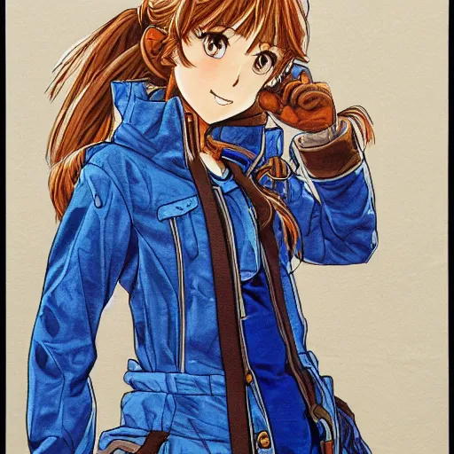 Prompt: Character design of a pretty young woman with messy light-brown hair wearing a bright blue dress and a brown hiking jacket, by Yusuke Murata, highly detailed, full-body shot