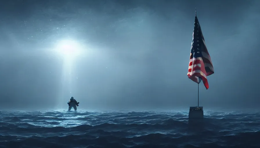 Image similar to astronaut holding a flag in an underwater desert. a submarine is visible in the distance. dark, concept art, cinematic, dramatic, atmospheric, 8 k, trending on artstation, blue, fish, low visibility, fog, ocean floor, christopher nolan, interstellar