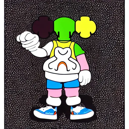 Prompt: streetwear fashion influencer character illustration by kaws by takashi murakami