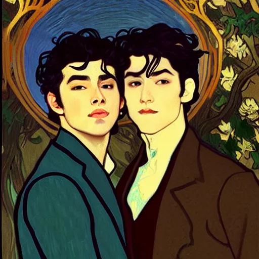 Image similar to painting of young cute handsome beautiful dark medium wavy hair man in his 2 0 s named shadow taehyung and cute handsome beautiful min - jun together at the halloween! party, ghostly, haunted graveyard, ghosts, autumn! colors, elegant, wearing suits!, clothes!, delicate facial features, art by alphonse mucha, vincent van gogh, egon schiele