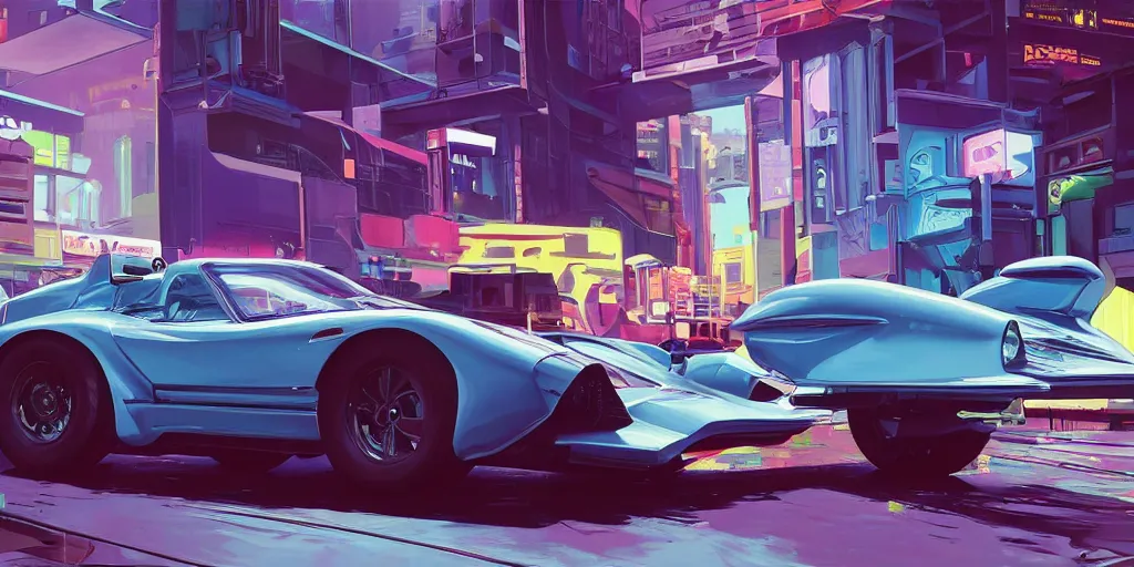 Image similar to art style by Ben Aronson and Edward Hopper and Syd Mead, wide shot view of the Cyberpunk 2077, on ground level. full view of the Tata Tamo Racemo with wide body kit modification and dark pearlescent holographic paint, has gullwing doors open.