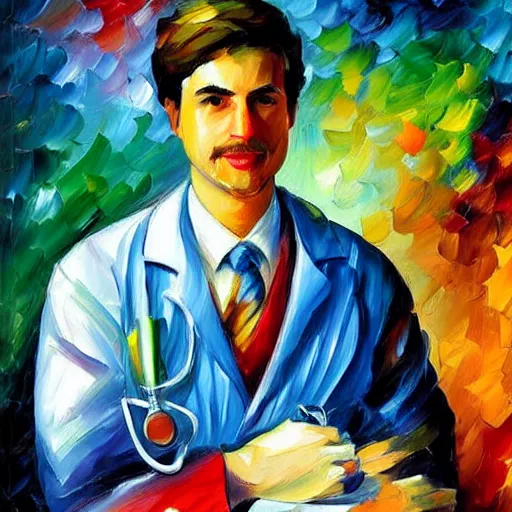 Image similar to painting of a surgeon doctor cat by Leonid Afremov, lab coat, stethoscope