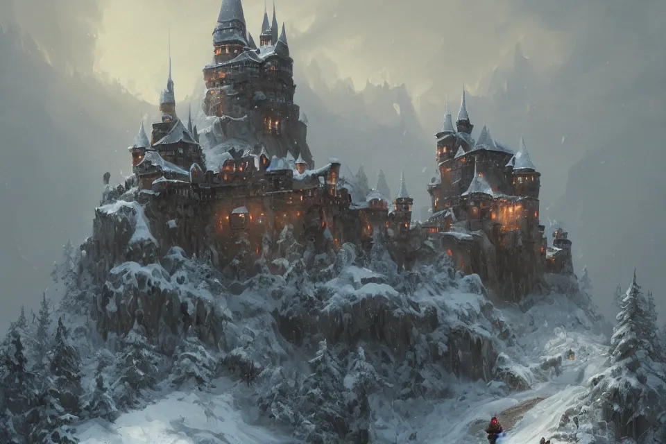 Image similar to a painting of a castle in the middle of a snowy mountain, a detailed matte painting by andreas rocha and greg rutkowski, featured on artstation, fantasy art, matte drawing, matte painting, artstation hq