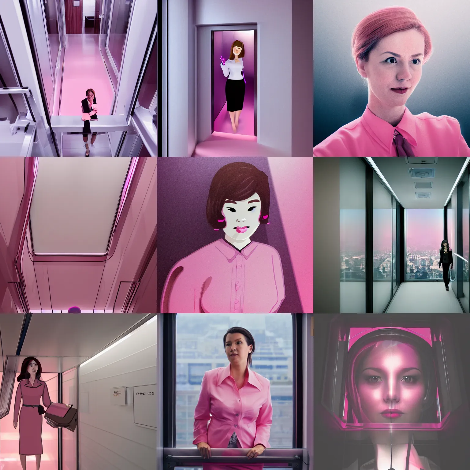 Prompt: office lady in lift, view from above. pink studio light, 8 k, detailed, trending on artstation.