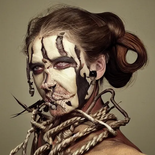 Image similar to portrait of a Shibari rope wrapped face and neck, headshot, insanely nice professional hair style, dramatic hair color, face paint half and half, digital painting, of a old 15th century, old cyborg merchant, amber jewels, baroque, ornate clothing, scifi, realistic, hyperdetailed, chiaroscuro, concept art, art by Franz Hals and Jon Foster and Ayami Kojima and Amano and Karol Bak,