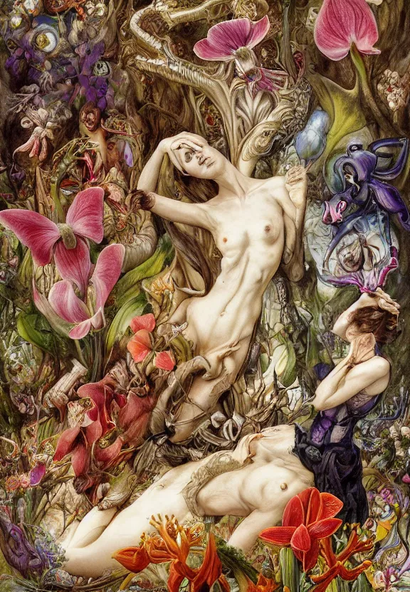 Prompt: simplicity, elegant, colorful muscular eldritch animals and white bones radiating from fractal, orchids, lady slippers, flowers, butterflies, mandalasby h. r. giger and esao andrews and maria sibylla merian eugene delacroix, gustave dore, thomas moran, pop art, chiaroscuro, biopunk, art nouveau