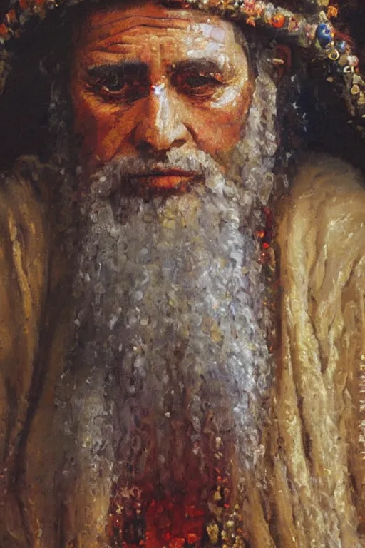 Image similar to highly detailed palette knife oil painting of a historically accurate depiction of the ancient biblical israeli king solomon, wealthy, wise, by Peter Lindbergh, impressionistic brush strokes, painterly brushwork