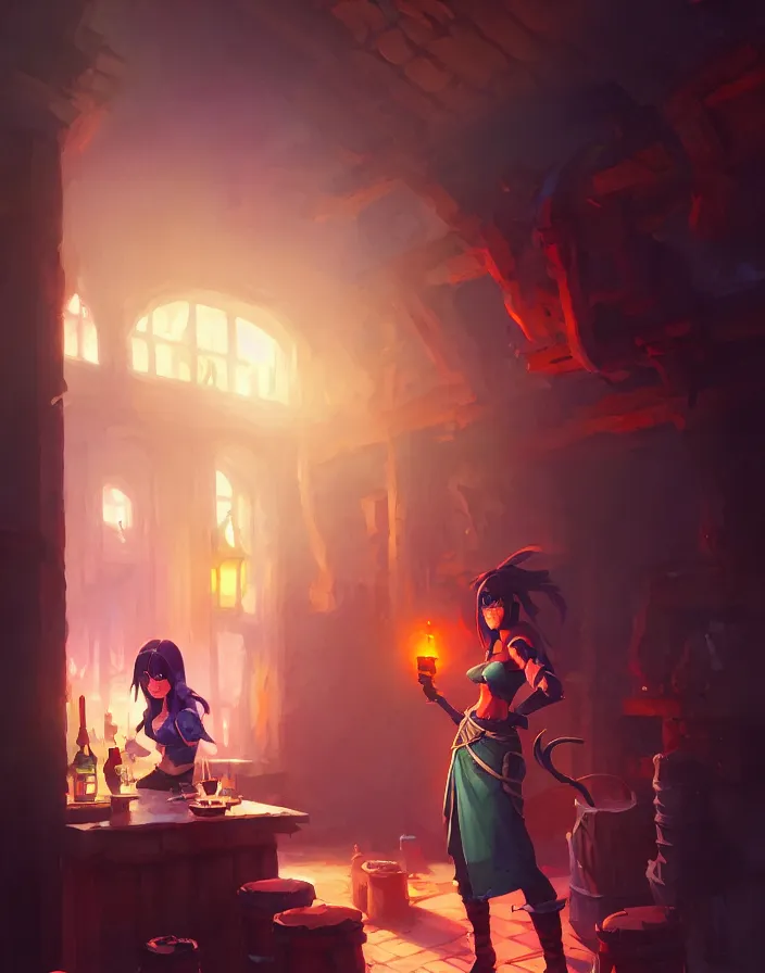 Image similar to super epically realized digital art depicting a rogue in a tavern, by stephen bliss, greg rutkowski, loish, rhads, makoto shinkai and lois van baarle, ilya kuvshinov, rossdraws.