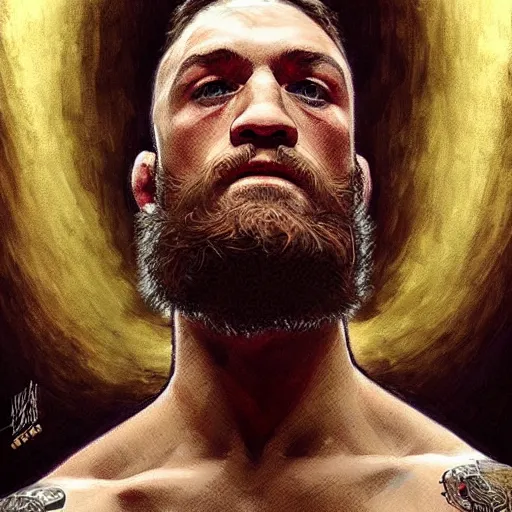 Image similar to hulking conor mcgregor crucified on the cross, masterpiece, intricate, elegant, highly detailed, digital painting, artstation, concept art, smooth, sharp focus, illustration, art by artgerm and greg rutkowski and alphonse mucha and uang guangjian and gil elvgren and sachin teng, symmetry!!