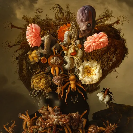 Prompt: disgusting disturbing strange dutch golden age oil painting bizarre mutant flower floral still life with many human toes realistic human toes blossoming everywhere insects very detailed fungus tumor disturbing tendrils bizarre slimy forms sprouting up everywhere by rachel ruysch christian rex van minnen black background chiaroscuro dramatic lighting perfect composition masterpiece high definition 8 k 1 0 8 0 p