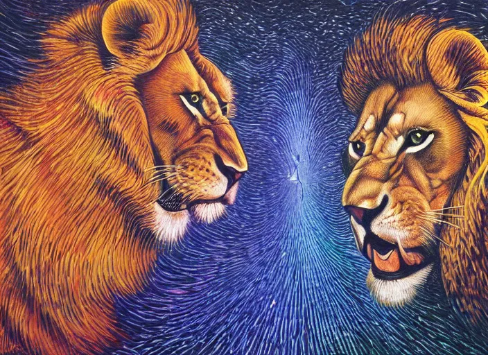 Image similar to An oil on canvas painting of two lions, void vortex, cosmic, by Dan Mumford and Umberto Boccioni,, aesthetically pleasing composition, masterpiece, ultra-realistic, super realistic, 4k, 8k