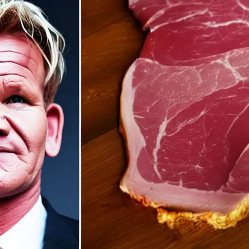 Image similar to gordon ramsay's face on a cooked leg of ham