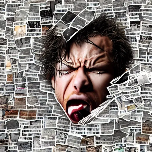 Image similar to a professional collage made of ripped magazines of a young angry man furious crying, high definition, highly detailed, photo-realistic, unreal engine render, 16k