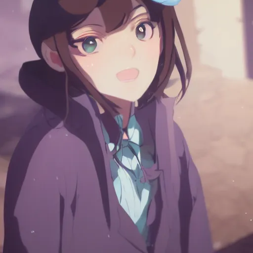 Image similar to High quality portrait of Kikyuune Aiko. Art by Makoto Shinkai, Crunchyroll, pixiv, danbooru, HD, headshot, cinematic still, detailed anime face, bokeh, digital art, cel shading, vivid colors, ambient lighting