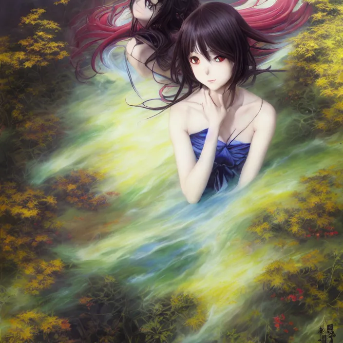 Image similar to Nishimiya Shouko, Albedo from Overlord, Mayer Re-l, Japan Lush Forest, official anime key media, close up of Iwakura Lain, LSD Dream Emulator, paranoiascape ps1, official anime key media, painting by Vladimir Volegov, beksinski and dan mumford, giygas, technological rings, johfra bosschart, Leviathan awakening from Japan in a Radially Symmetric Alien Megastructure turbulent bismuth glitchart, Atmospheric Cinematic Environmental & Architectural Design Concept Art by Tom Bagshaw Jana Schirmer Jared Exposure to Cyannic Energy, Darksouls Concept art by Finnian Macmanus