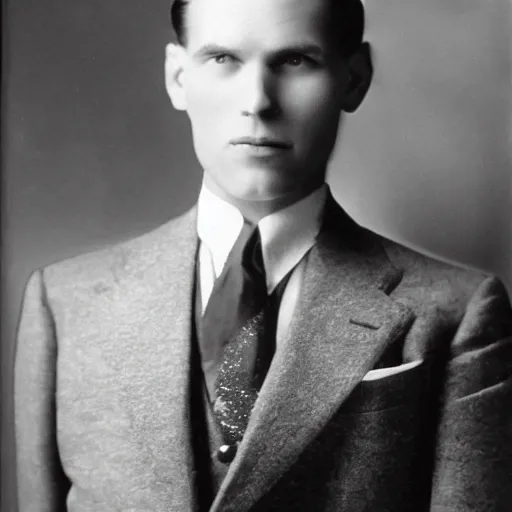 Image similar to A photograph portrait of Jerma985 wearing a suit with short slicked hair in the early 1930s, taken in the early 1930s, grainy, taken on a early 1930s Kodak Camera, realistic, hyperrealistic, very realistic, highly detailed, very detailed, extremely detailed, detailed, digital art, trending on artstation