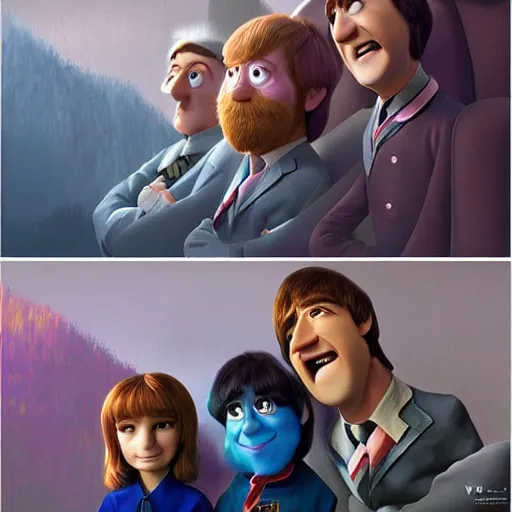 Prompt: a portrait of the beatlesn as pixar characters, beautiful, elegant, extremely detailed digital art, trending on artstation hyper realistic matte painting, by wlop, artgerm