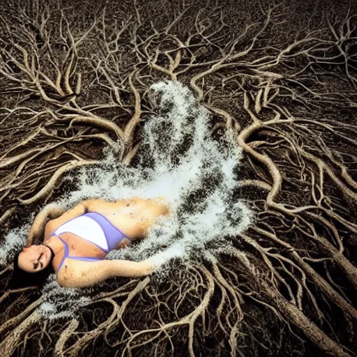 Prompt: a dramatic photo of a woman drowning in roots