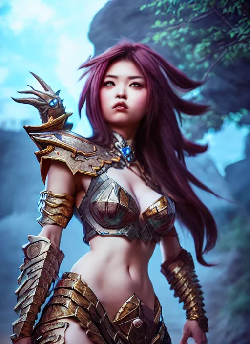 Prompt: sakimi chan, standing on a rock, fantasy armor, detailed face, tony sart, unreal engine