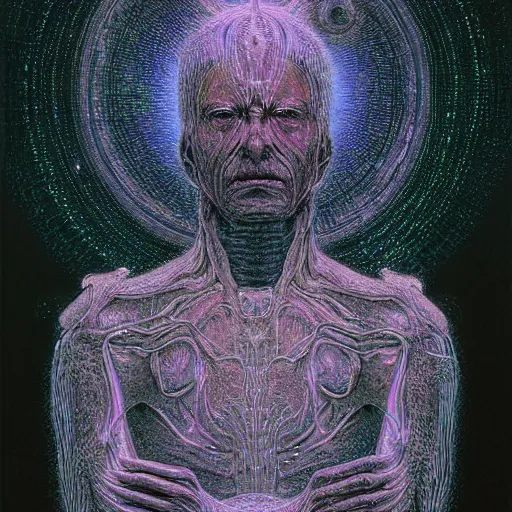 Image similar to an exhausted deity, contemplating existence, beyond the known universe, fine art, bokeh, omnidimensional, ocd, electroluminescent wire by wayne barlowe