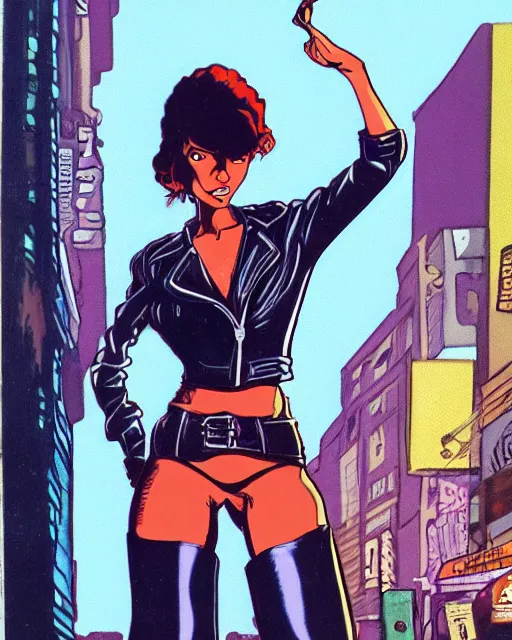 Image similar to young female protagonist in leather jacket, city street, artwork by ralph bakshi