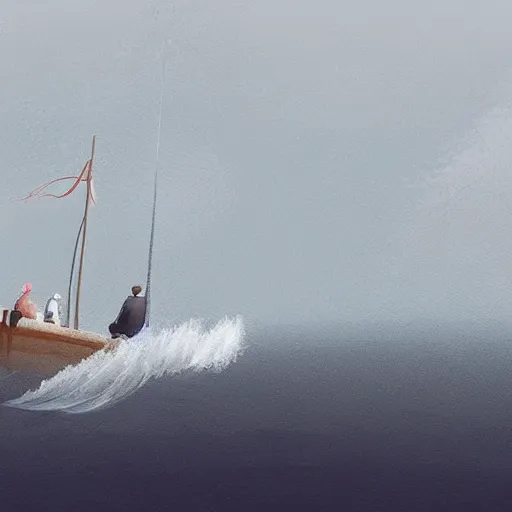 Image similar to Some fishermen struggling not to sink in a small sailboat in the middle of the furious raging ocean, ilustration art by Goro Fujita, concept art, smooth, sharp focus, illustration, ArtStation