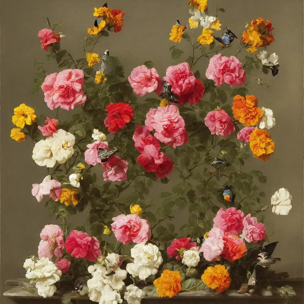 Prompt: a nosegay of roses, marigolds, larkspur and a pigeon by rachel ruysch, 1 6 9 5