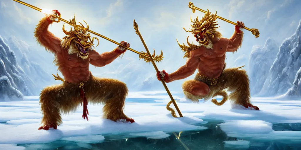 Prompt: a beautiful oil painting of a chinese dragon with white scales about the ice lake, sun wukong holding a long golden stick stand on the ice lake, surrounded by snow mountains and heavy snow, cinematic shots, aftereffects, epic, game cg style, trending on artstation, wide view, cinematic light, 8 k