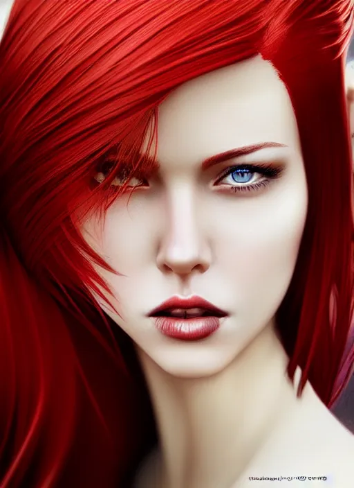 Image similar to photo of gorgeous woman with her right side hair dyed red and left side hair white in the style of stefan kostic, realistic, half body shot, sharp focus, 8 k high definition, insanely detailed, intricate, elegant, art by stanley lau and artgerm, foggy backgeound