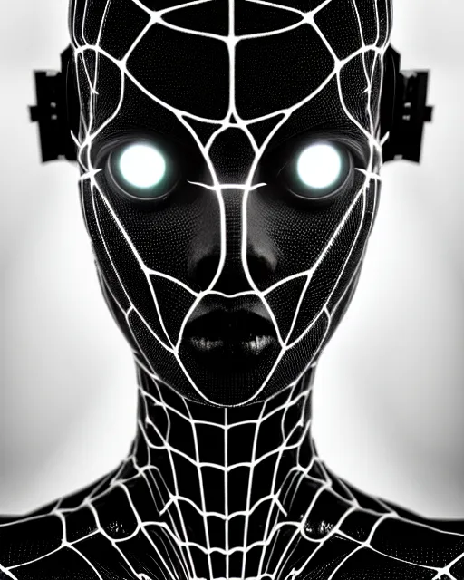 Prompt: black and white cyborg goddess high quality portrait, artificial intelligence, bio-mechanical bio-luminescence, artificial spider web, neurons, nerve cells, octane render, cinematic, hyper realism, high detail, 8k, in the style of Steven Meisel and Dora Maar and H.G. Giger