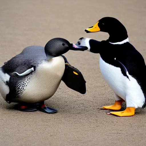 Image similar to a duck is boxing a penguin, penguin vs duck