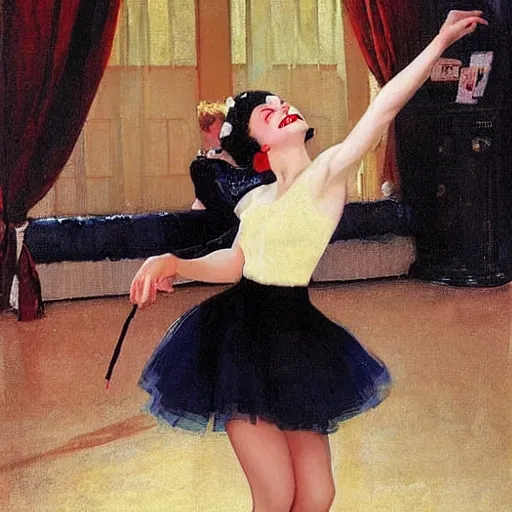 Image similar to a beautiful young girl was dancing the Charleston on the living room carpet with joy, fair skin, red lips, black hair, oil painting, Sherree Valentine Daines, Coles Phillips, Gil Elvgren, Dean Cornwell, JC Leyendecker, 8k