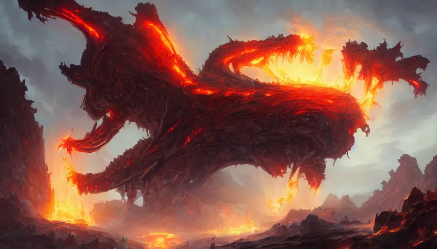 Prompt: a beautiful digital fantasy concept art of a giant cyborg dragon sitting on a molten rock, concept art by tyler edlin, greg rutkowski, highly detailed, oil on canvas